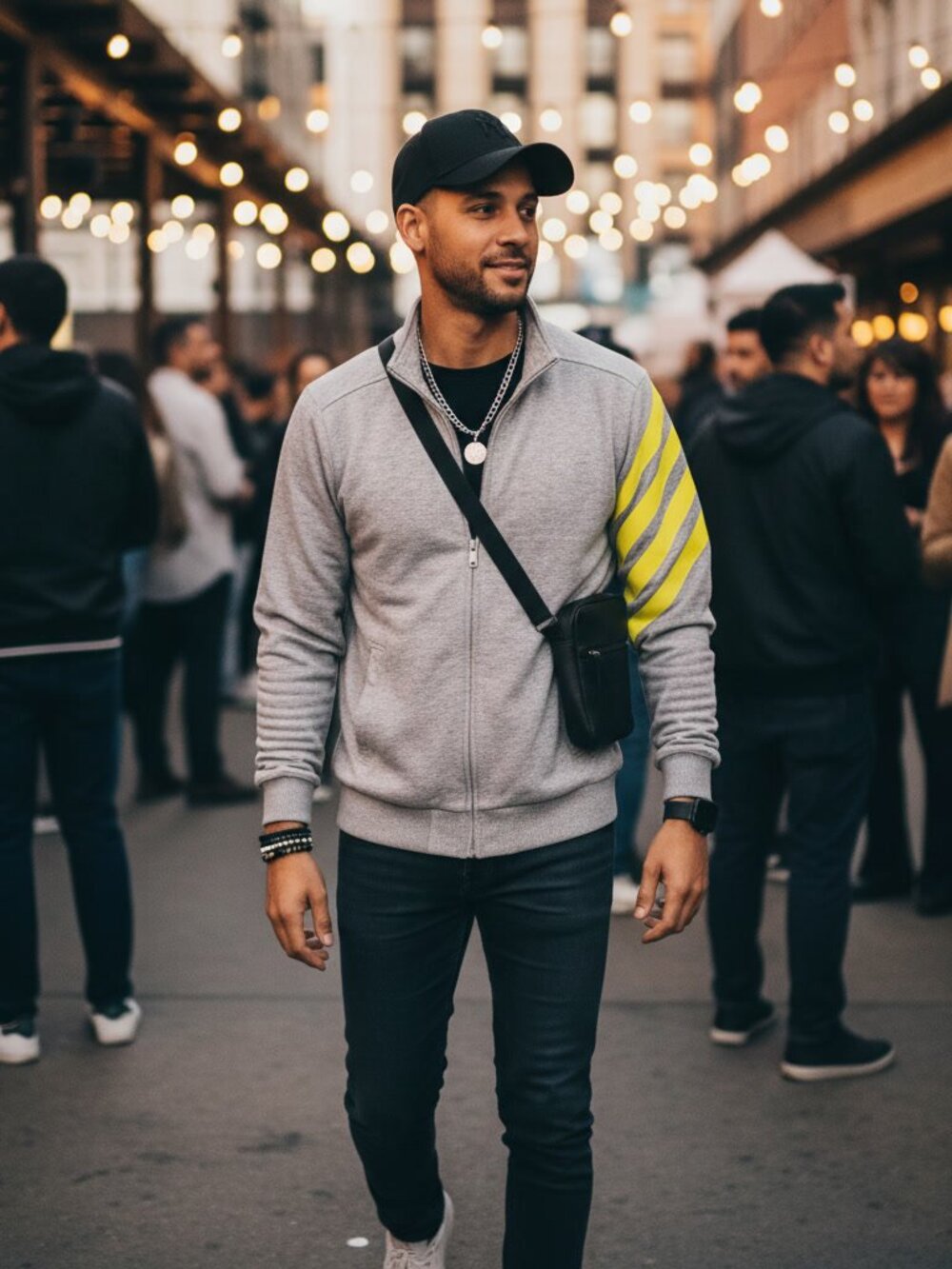 Gray Full Zip Track Jacket Men's Small Yellow Stripe Accent Sleeve